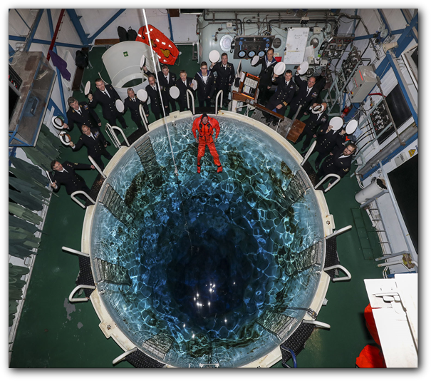 Submariners inside the Submarine Escape Training Tank (SETT), Fort Blockhouse Gosport for the final time.